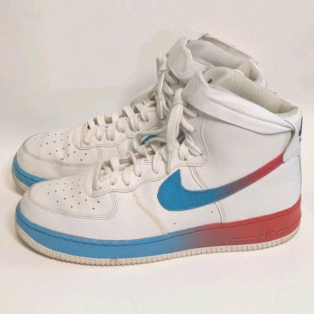 Nike Air Force 1 Mens High Top Sneaker Sz 10.5 White Blue Fury Ember Glow Ombre